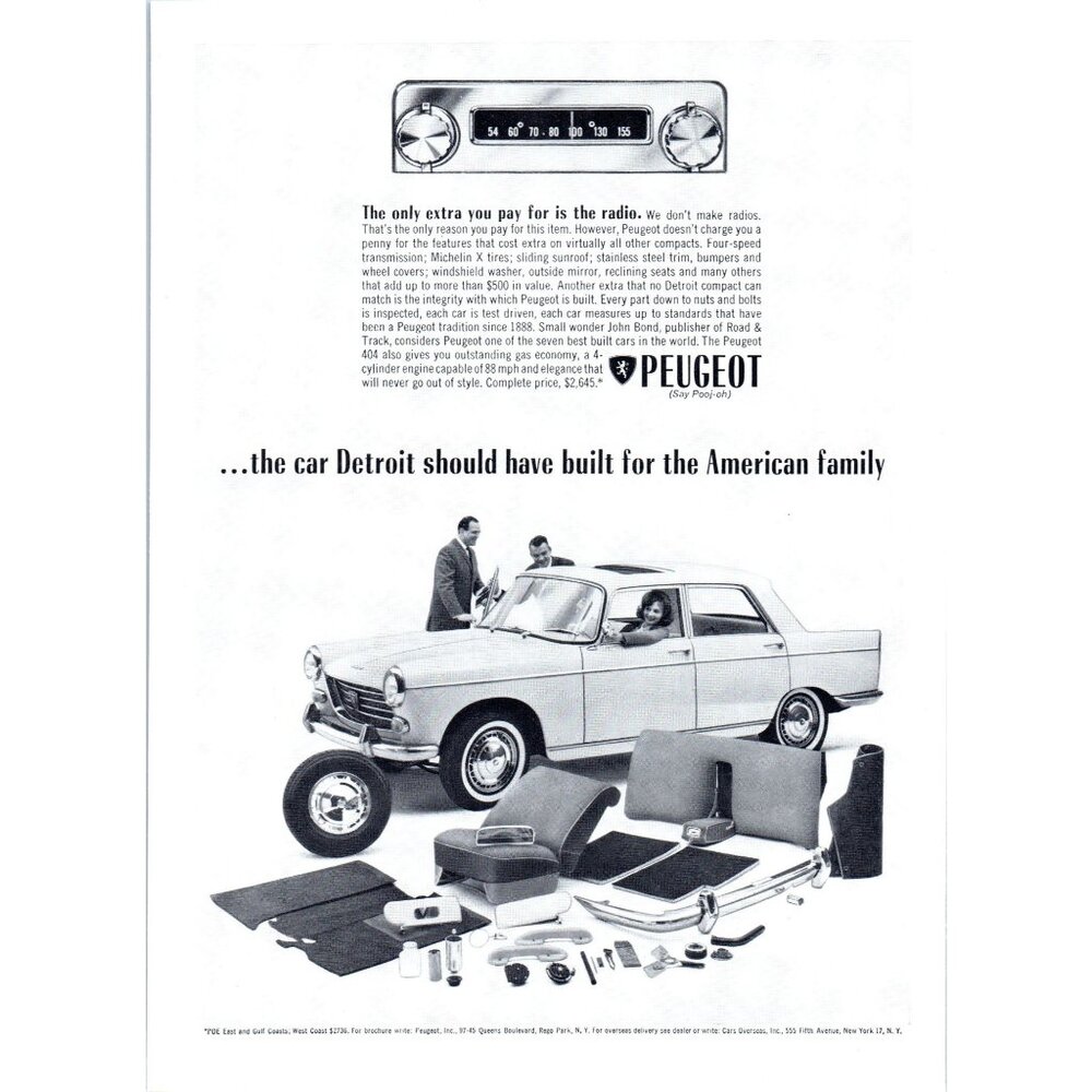 1963 Peugeot 404 Sedan Vintage Print Ad Family Car Radio Woman Driver Wall Art